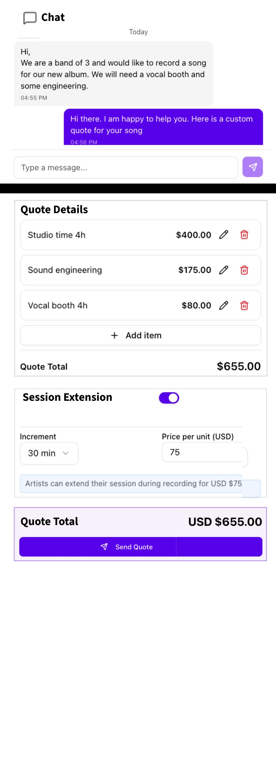 Studio owner quote and booking preview