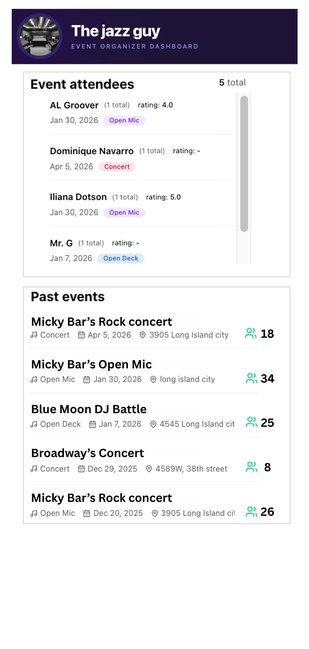 Venue organizer dashboard